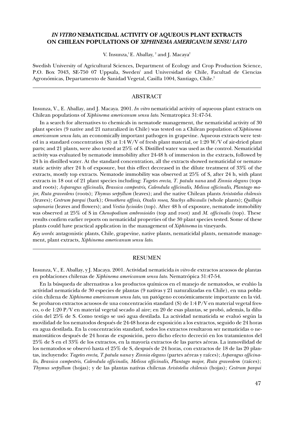 47 in Vitro Nematicidal Activity of Aqueous Plant Extracts