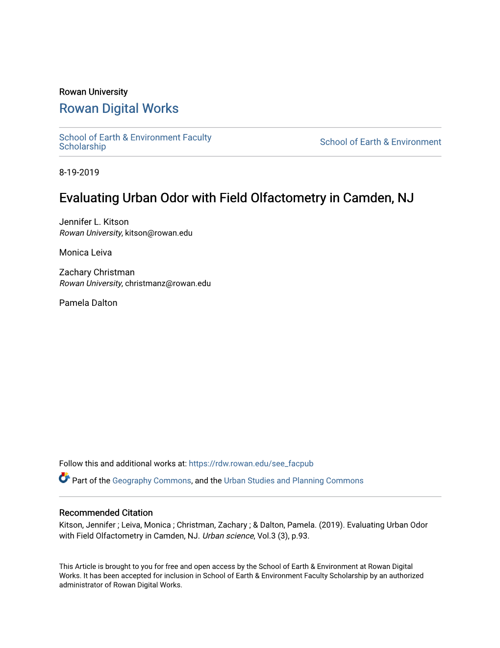 Evaluating Urban Odor with Field Olfactometry in Camden, NJ