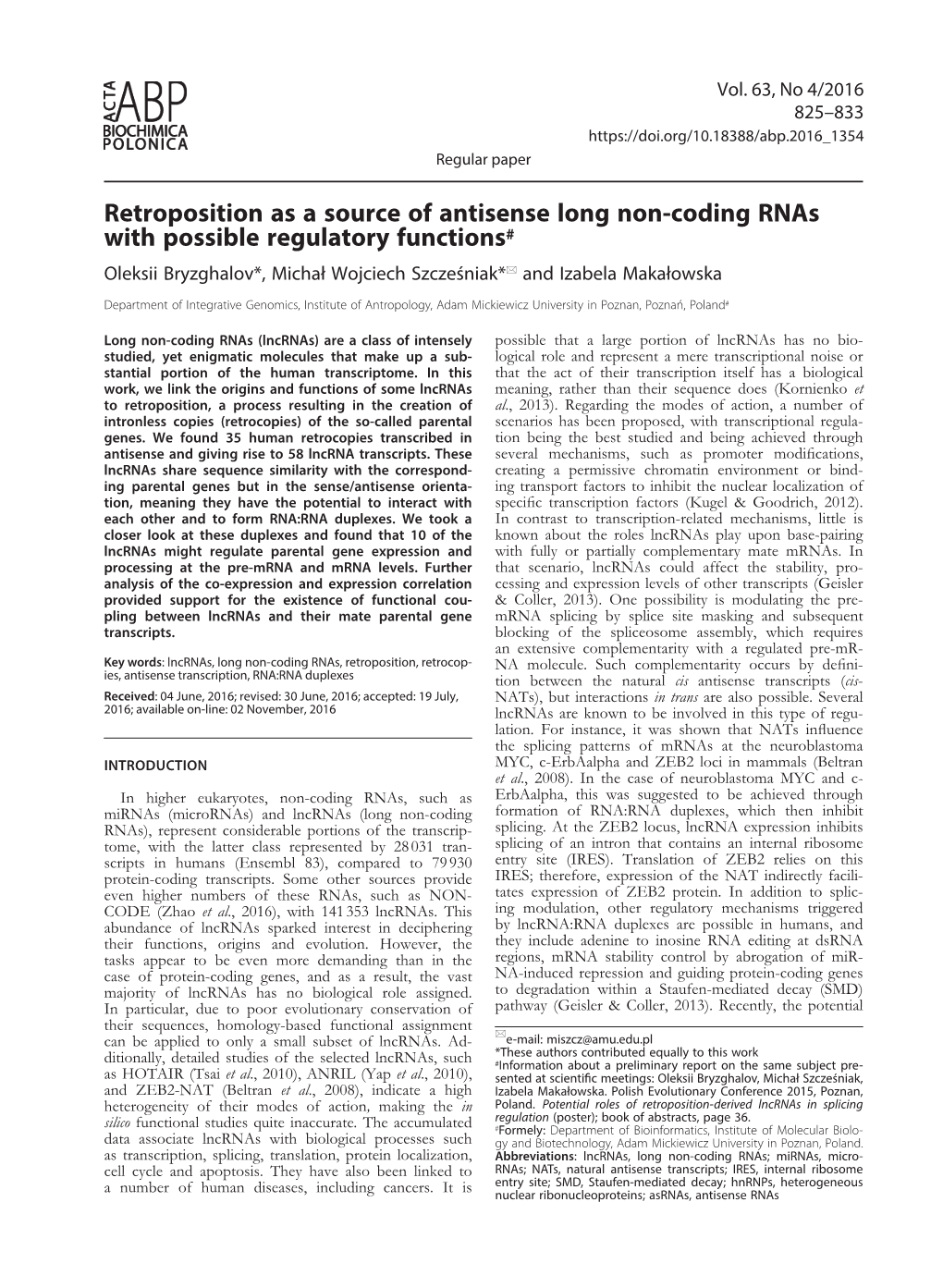 Retroposition As a Source of Antisense Long Non-Coding Rnas with Possible Regulatory Functions