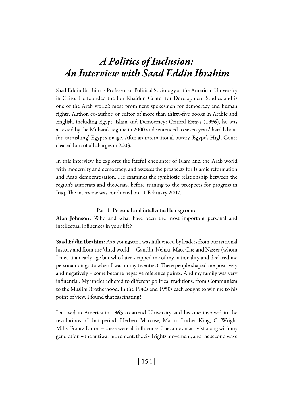 A Politics of Inclusion: an Interview with Saad Eddin Ibrahim