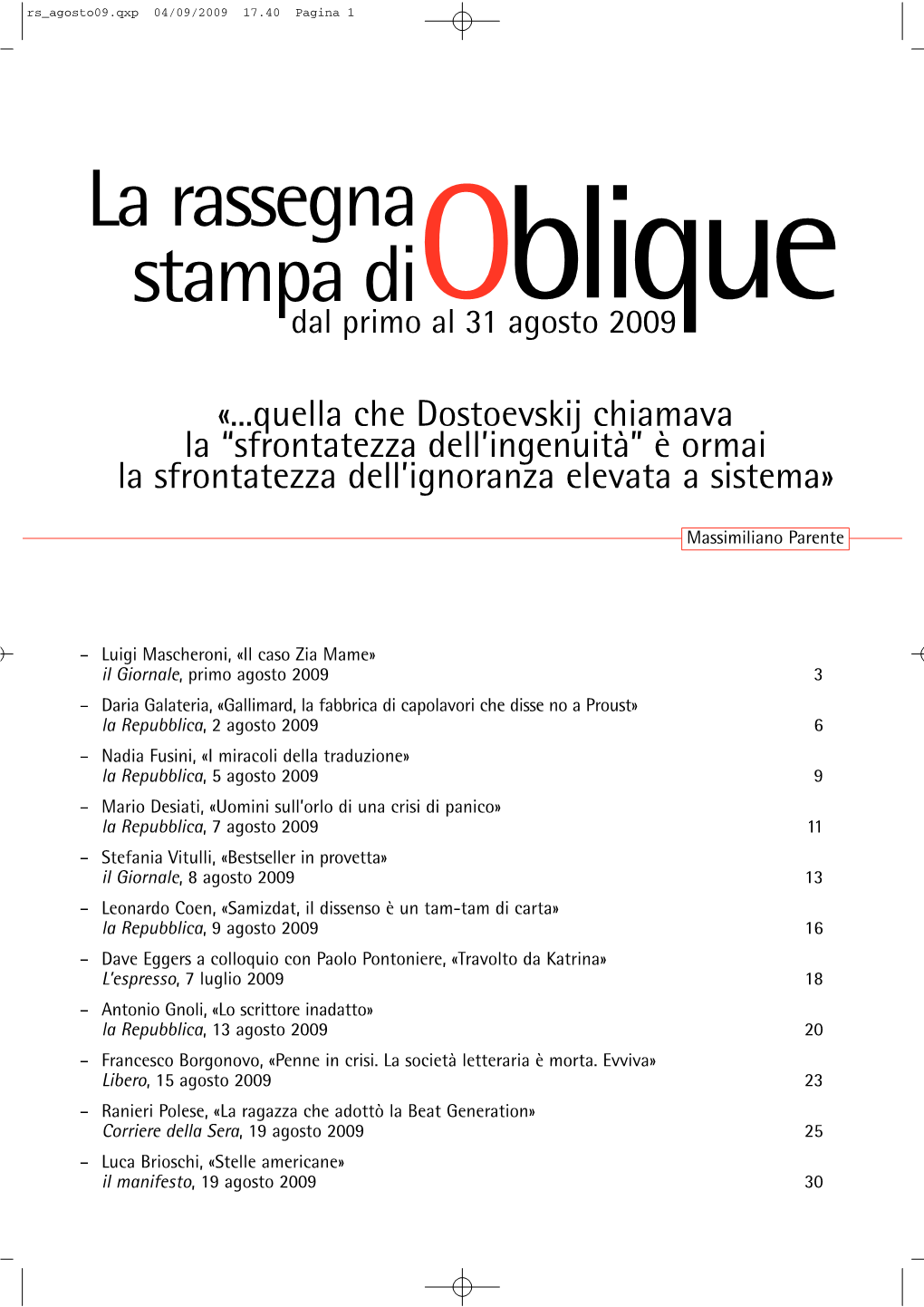 La Rassegna Stampa Dioblique Dal Primo Al 31 Agosto 2009