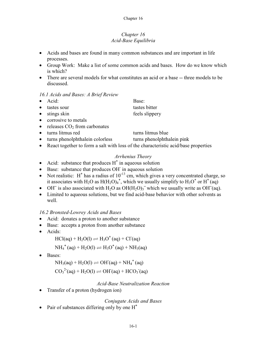 Chapter 16 Acid-Base Equilibria • Acids and Bases