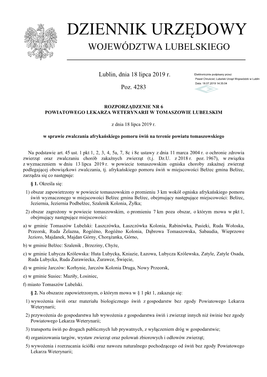 Rozporządzenie Nr 6 Powiatowego Lekarza Weterynarii W Tomaszowie Lubelskim