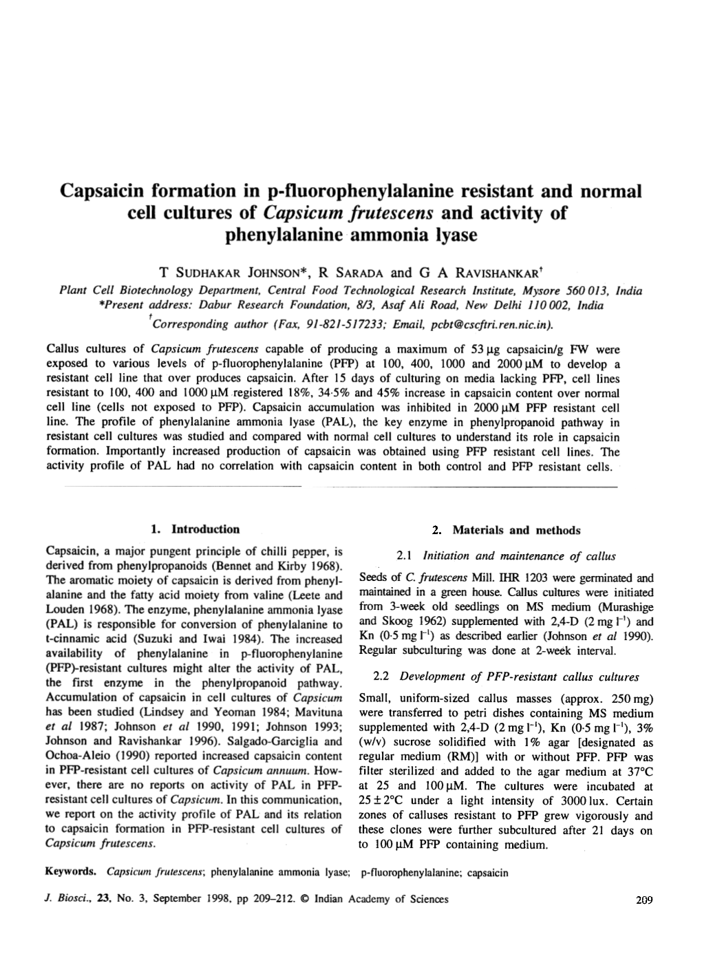 Capsaicin Formation in P-Fluorophenylalanine Resistant and Normal Cell Cultures of Capsicum Frutescens and Activity of Phenylalanine Ammonia Lyase