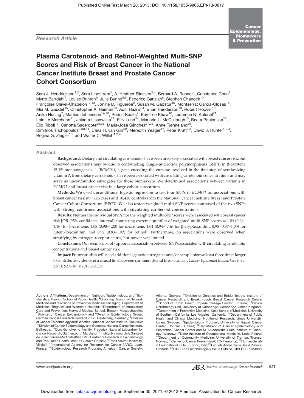 Plasma Carotenoid- and Retinol-Weighted Multi-SNP Scores and Risk of Breast Cancer in the National Cancer Institute Breast and Prostate Cancer Cohort Consortium