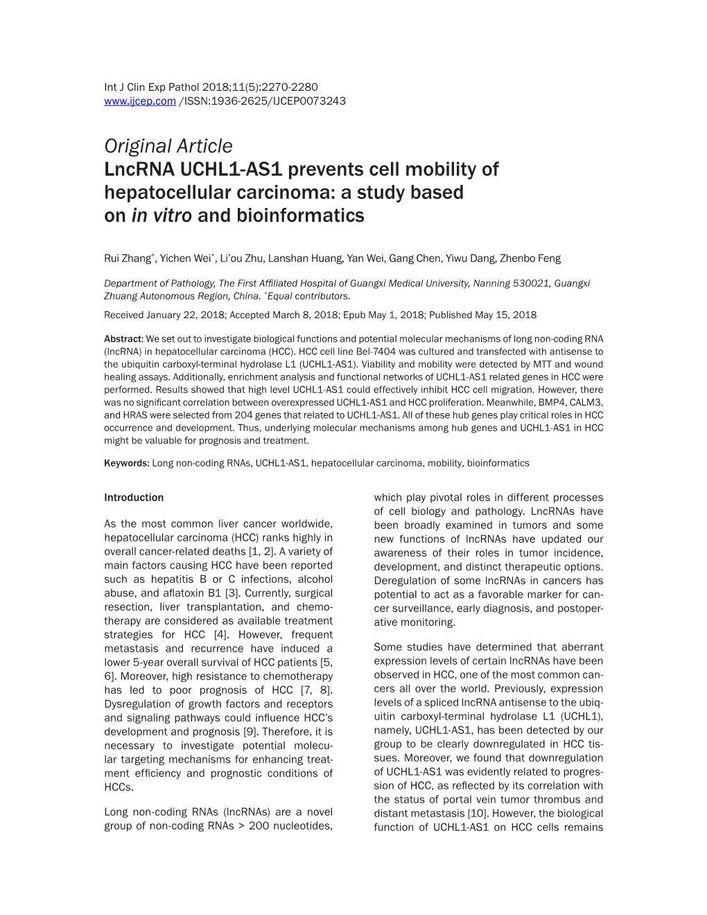 Original Article Lncrna UCHL1-AS1 Prevents Cell Mobility of Hepatocellular Carcinoma: a Study Based on in Vitro and Bioinformatics