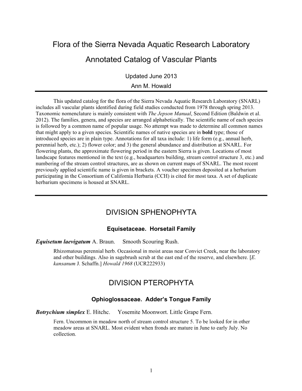 Flora of the Sierra Nevada Aquatic Research Laboratory Annotated Catalog of Vascular Plants