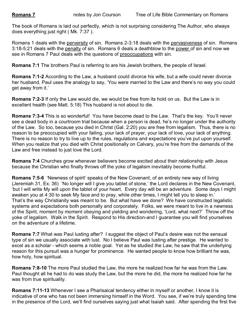 Romans 7 Notes by Jon Courson Tree of Life Bible Commentary on Romans