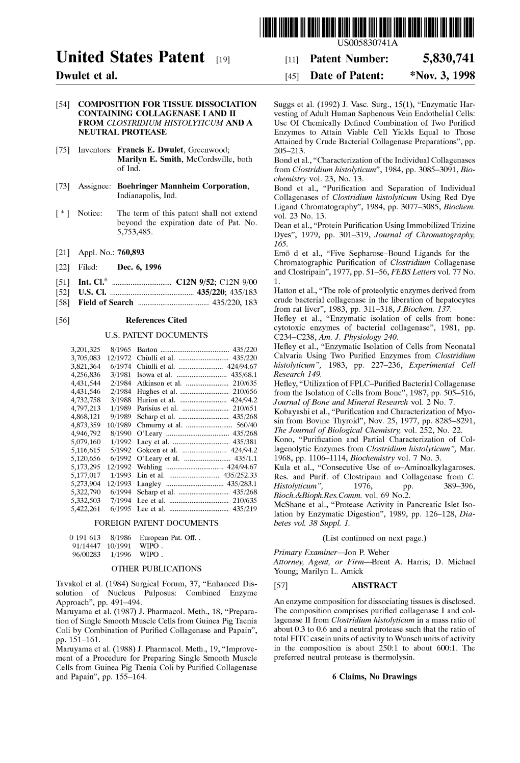 United States Patent [19] [11] Patent Number: 5,830,741 Dwulet Et Al