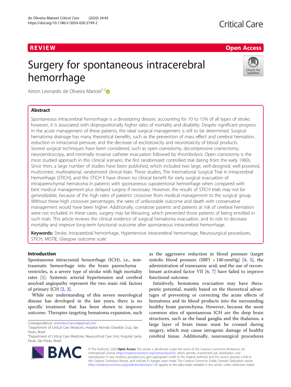 Surgery for Spontaneous Intracerebral Hemorrhage Airton Leonardo De Oliveira Manoel1,2