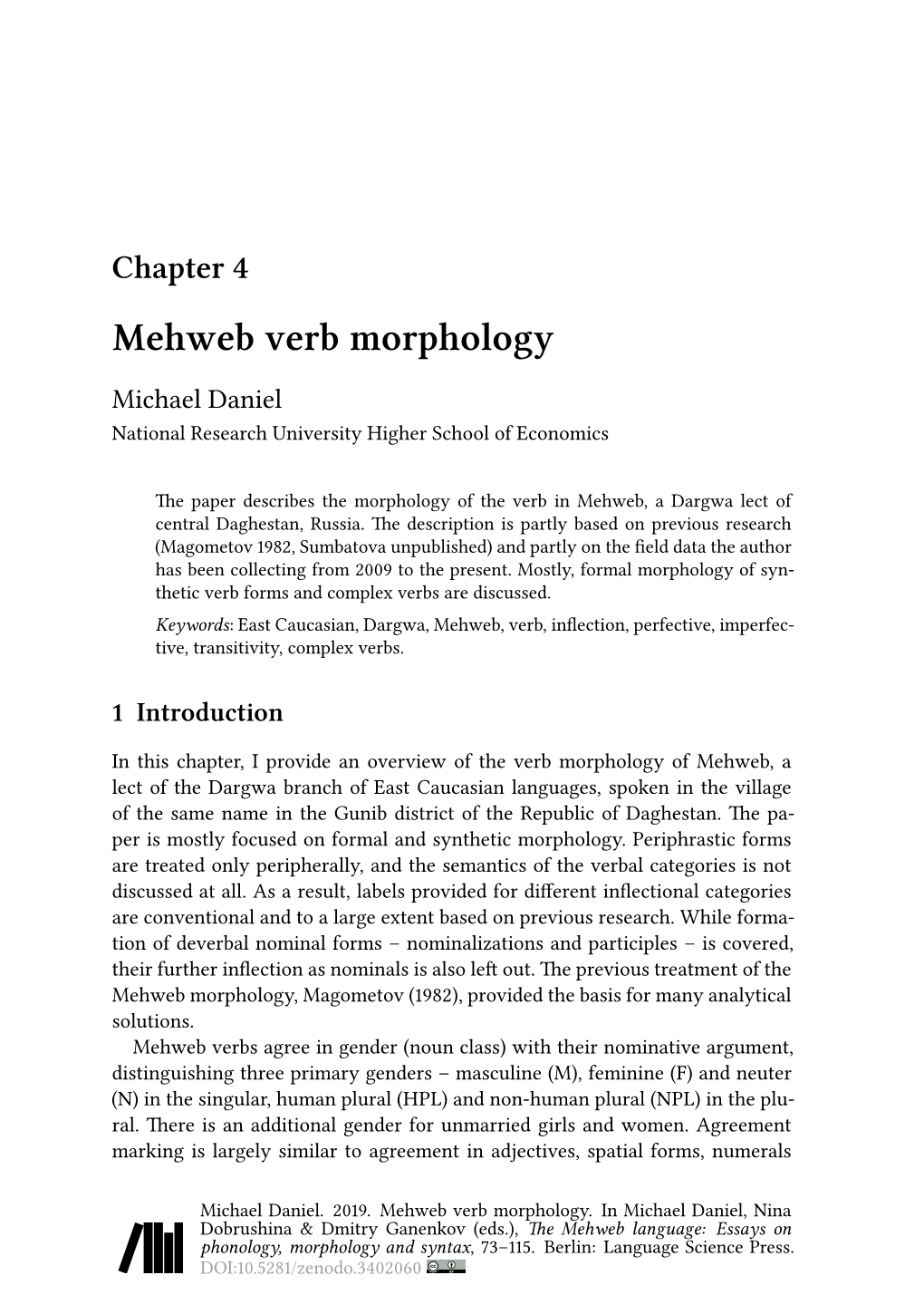 Chapter 4 Mehweb Verb Morphology Michael Daniel National Research University Higher School of Economics