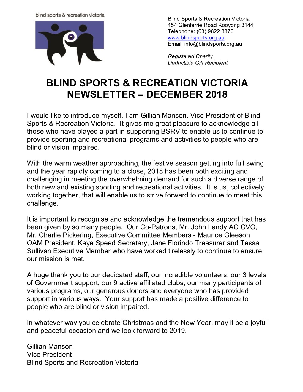 Blind Sports & Recreation Victoria Newsletter December 2018