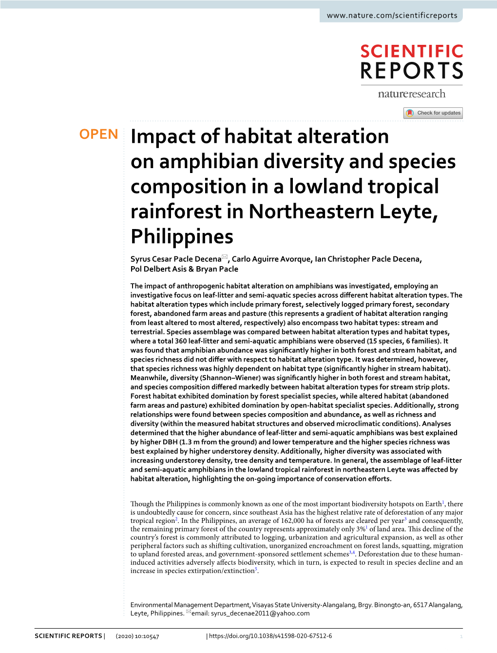 Impact of Habitat Alteration on Amphibian Diversity and Species