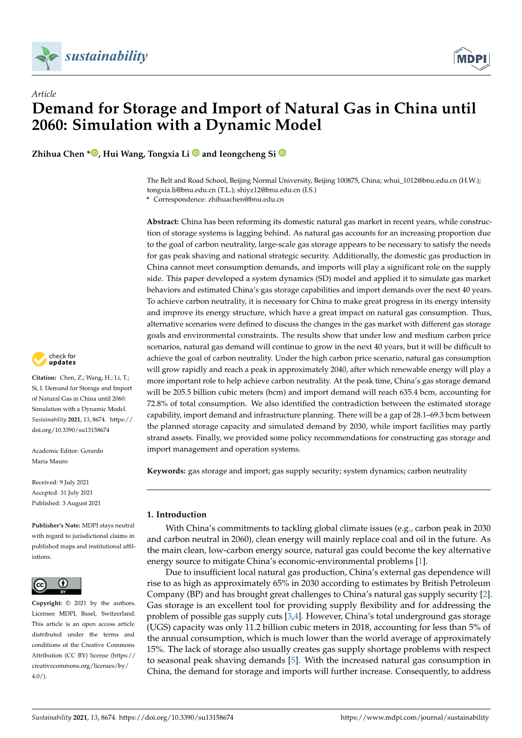 Demand for Storage and Import of Natural Gas in China Until 2060: Simulation with a Dynamic Model