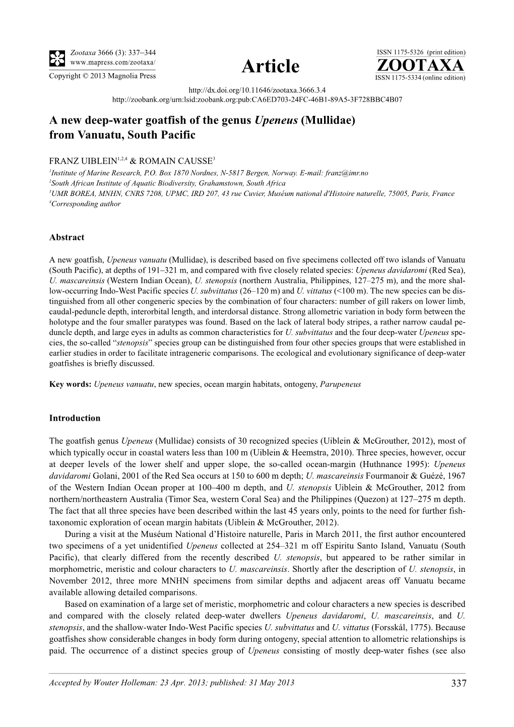 A New Deep-Water Goatfish of the Genus Upeneus (Mullidae) from Vanuatu, South Pacific