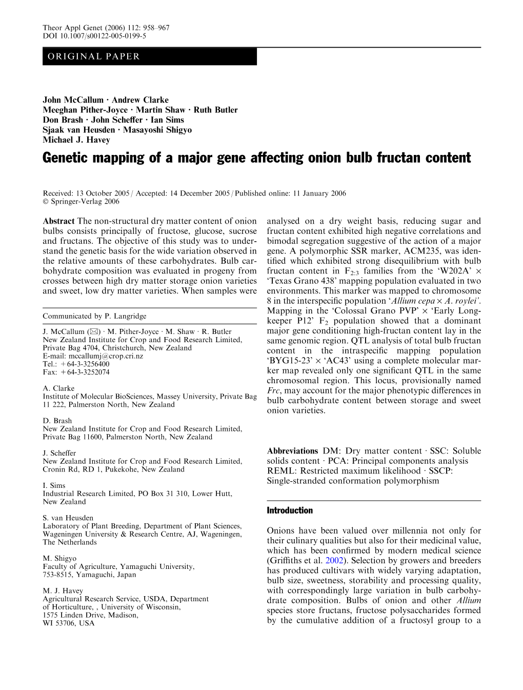 Genetic Mapping of a Major Gene Affecting Onion Bulb Fructan Content