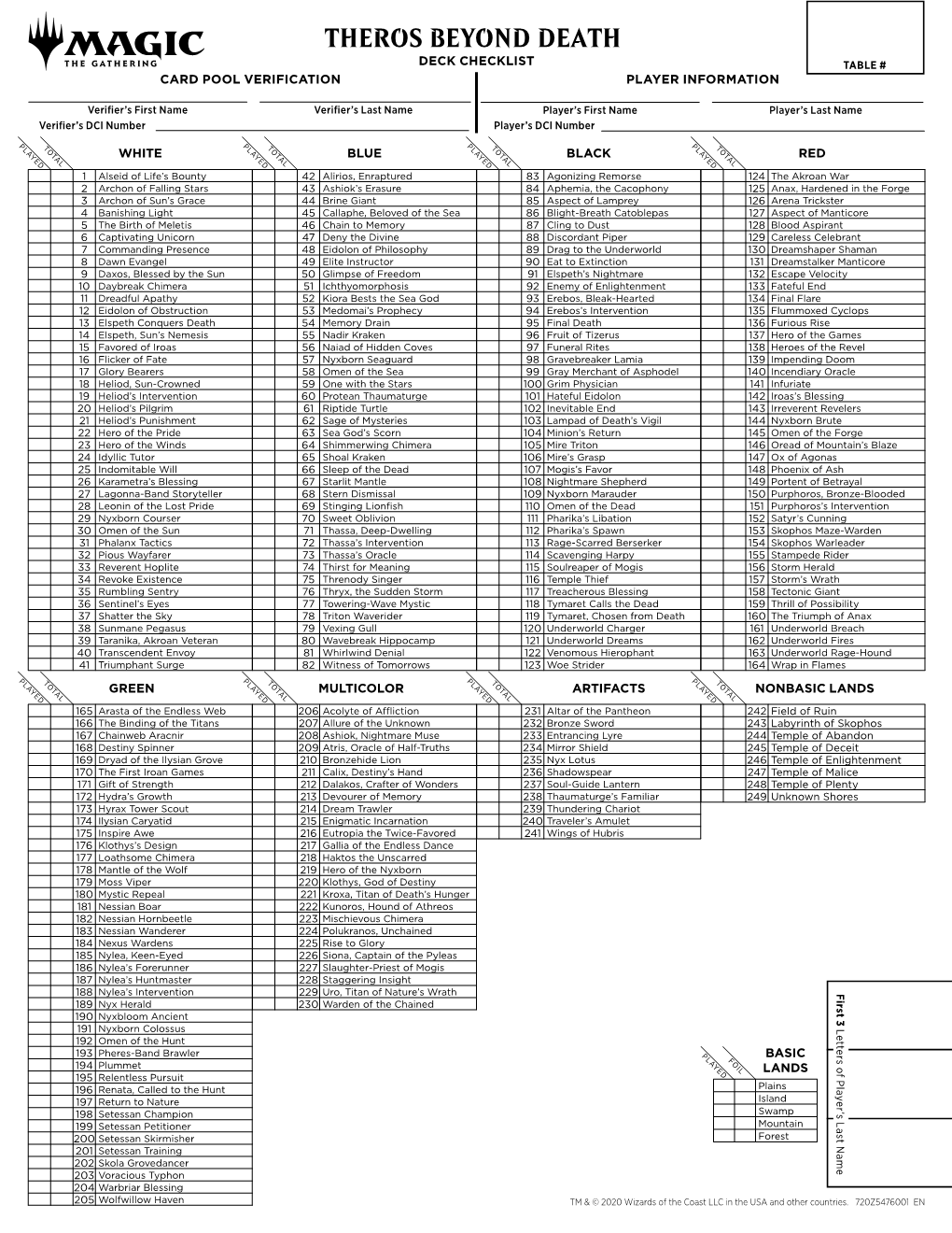 Theros Beyond Death Deck Checklist Table # Card Pool Verification Player Information