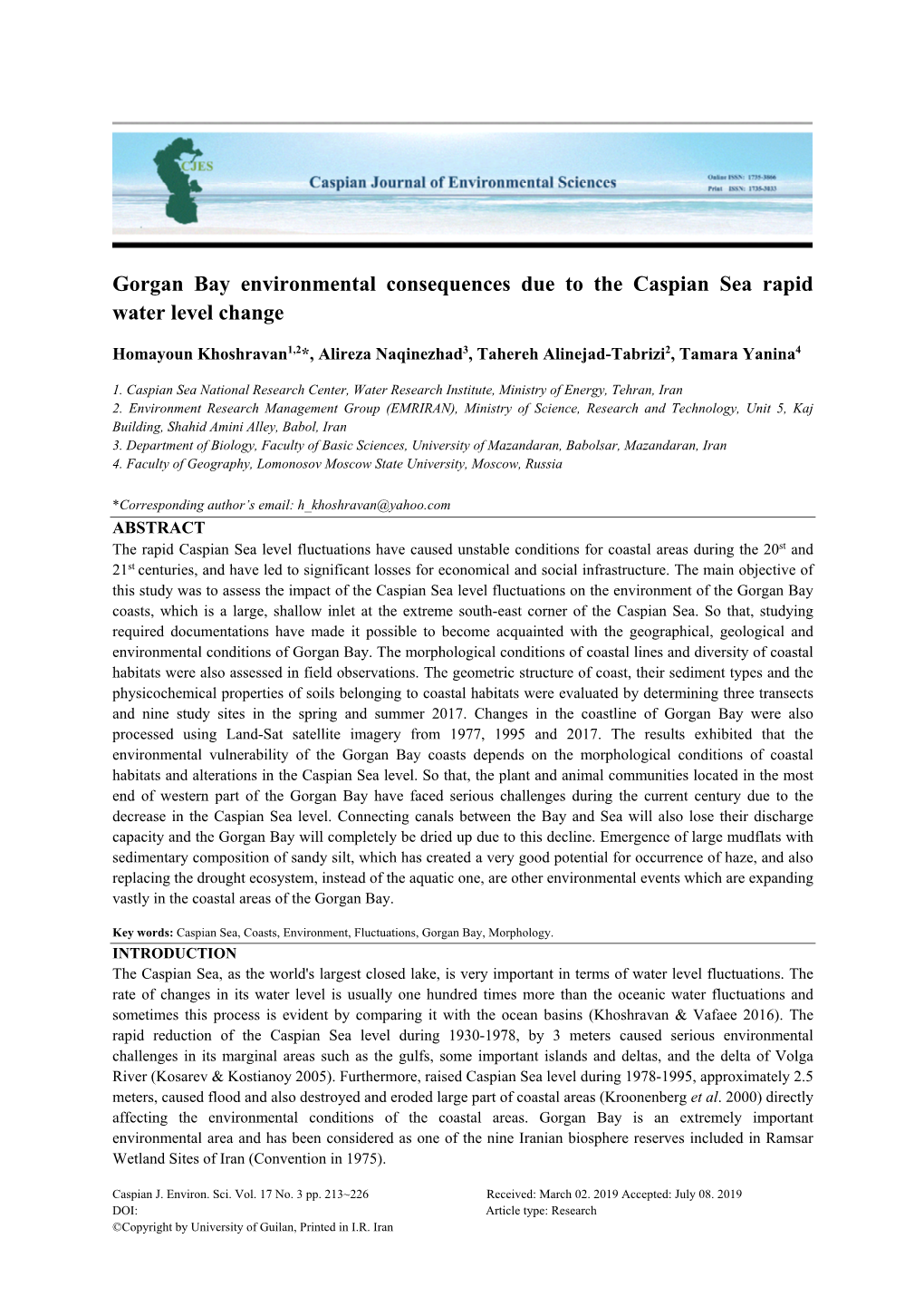 Gorgan Bay Environmental Consequences Due to the Caspian Sea Rapid Water Level Change