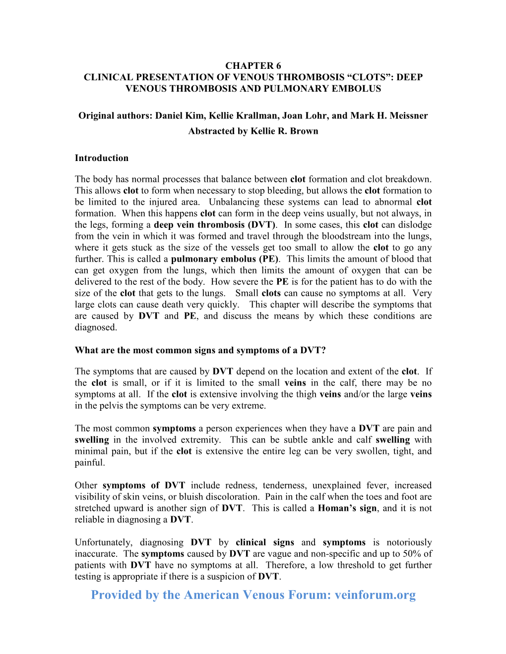 Chapter 6: Clinical Presentation of Venous Thrombosis “Clots”