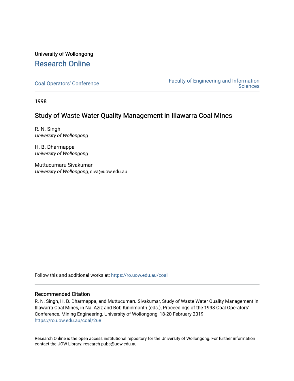 Study of Waste Water Quality Management in Iilawarra Coal Mines