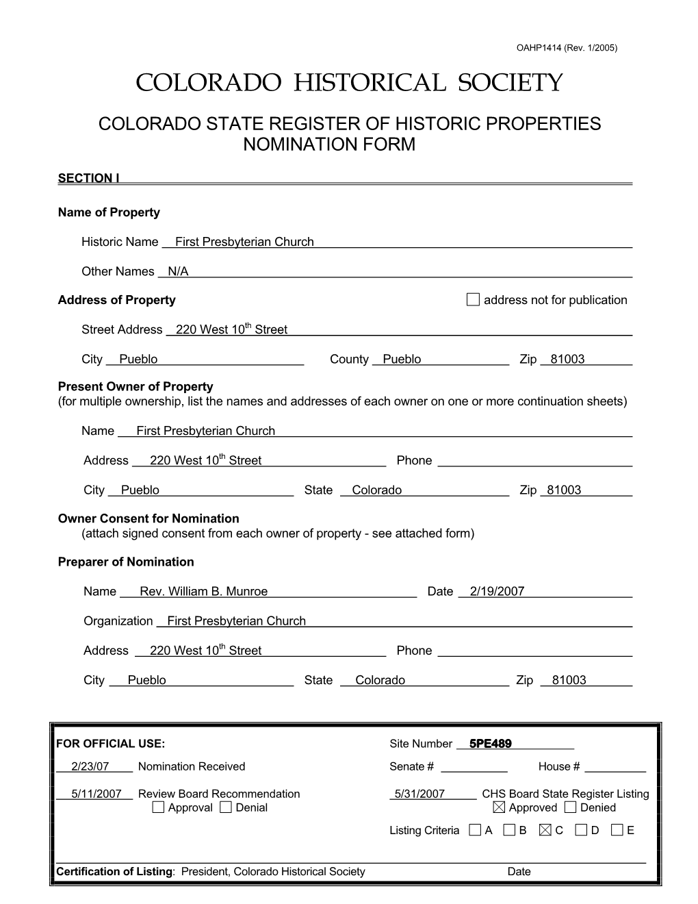 First Presbyterian Church State Register Nomination, 5PE.489 (PDF)