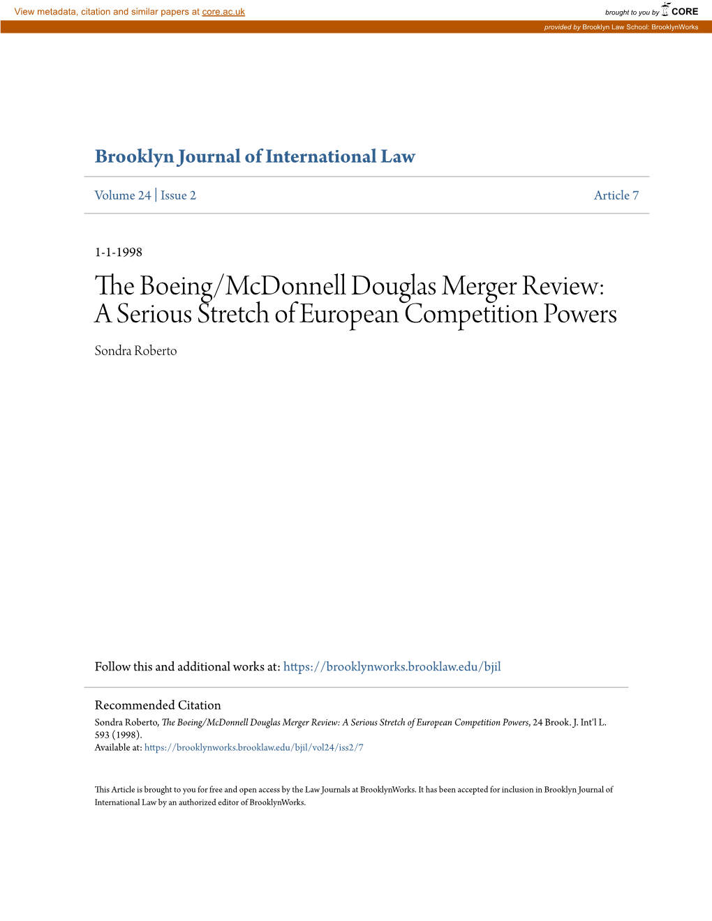 The Boeing/Mcdonnell Douglas Merger Review: a Serious Stretch of European Competition Powers Sondra Roberto