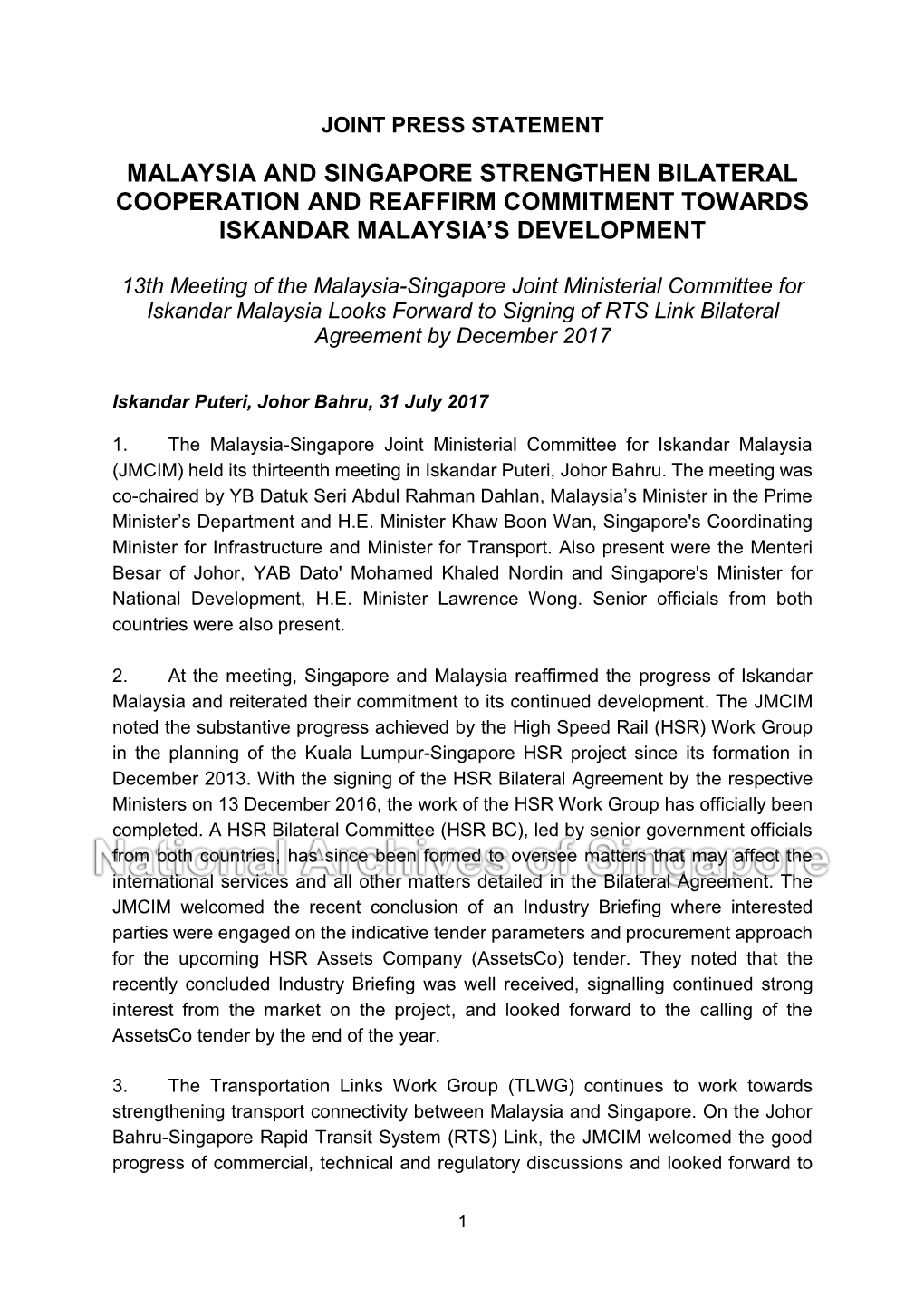 Malaysia and Singapore Strengthen Bilateral Cooperation and Reaffirm Commitment Towards Iskandar Malaysia’S Development