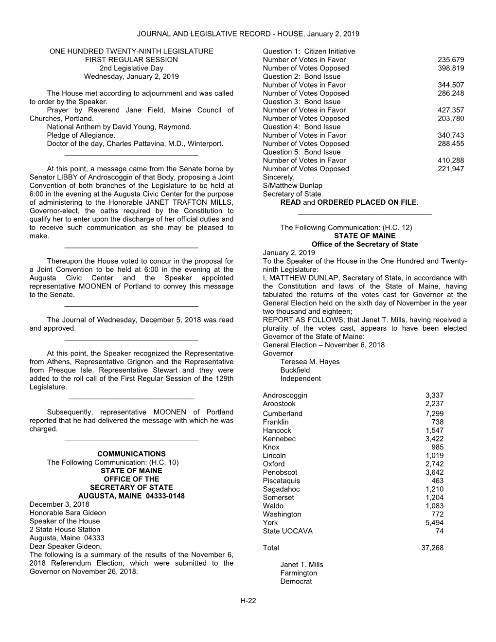 JOURNAL and LEGISLATIVE RECORD - HOUSE, January 2, 2019