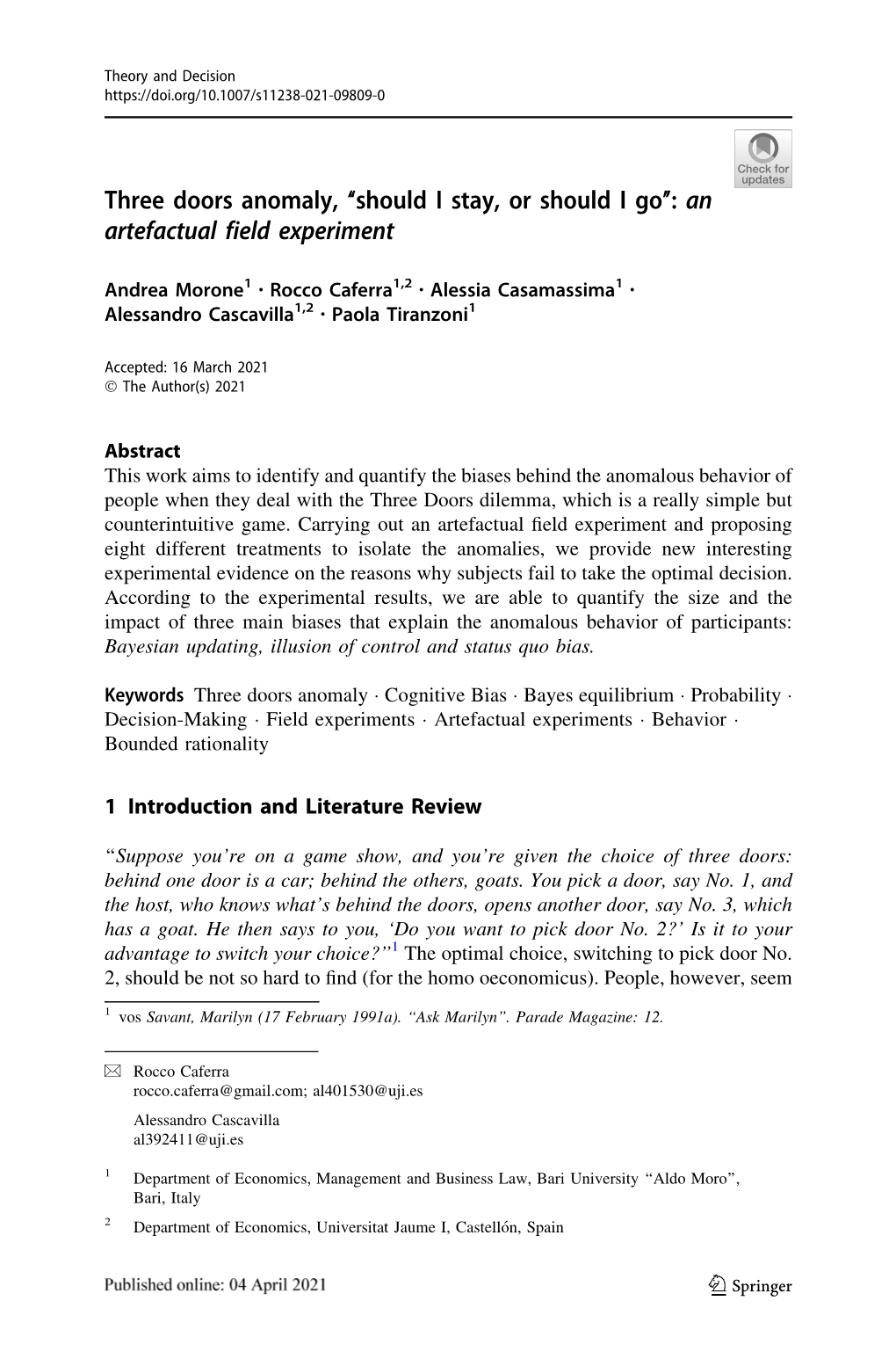 Three Doors Anomaly, “Should I Stay, Or Should I Go”: an Artefactual Field