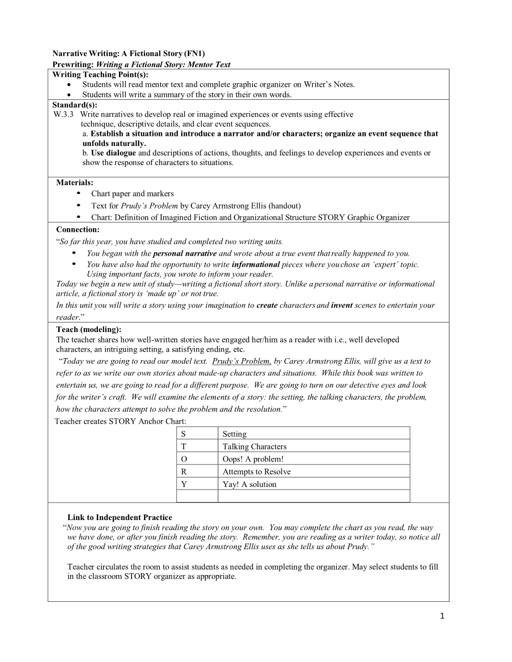 Narrative Writing: a Fictional Story (FN1) Prewriting