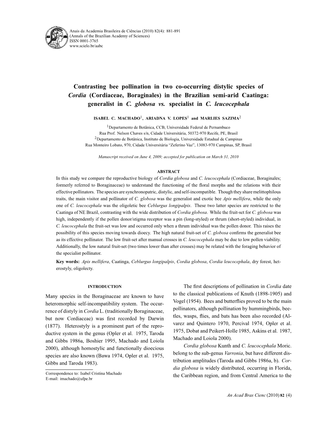 Cordiaceae, Boraginales) in the Brazilian Semi-Arid Caatinga: Generalist in C