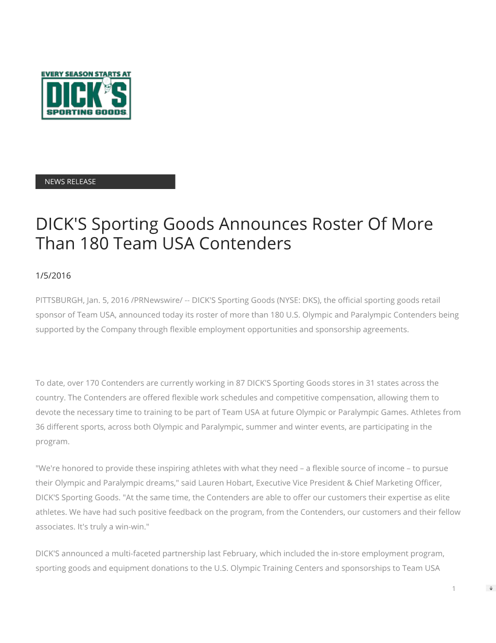 DICK's Sporting Goods Announces Roster of More Than 180 Team USA Contenders