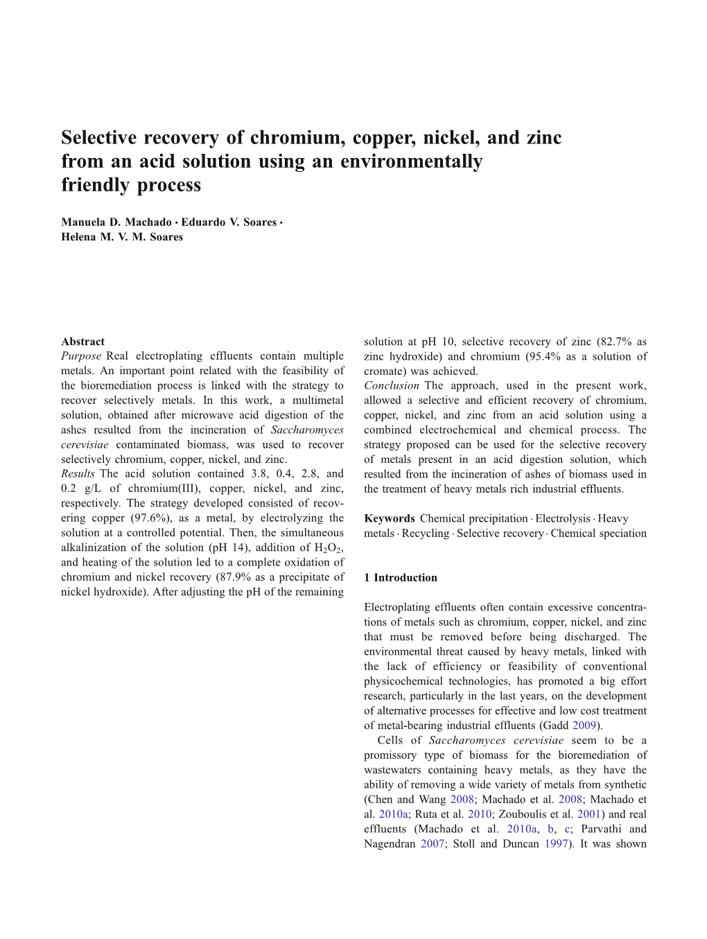 Selective Recovery of Chromium, Copper, Nickel, and Zinc from an Acid Solution Using an Environmentally Friendly Process