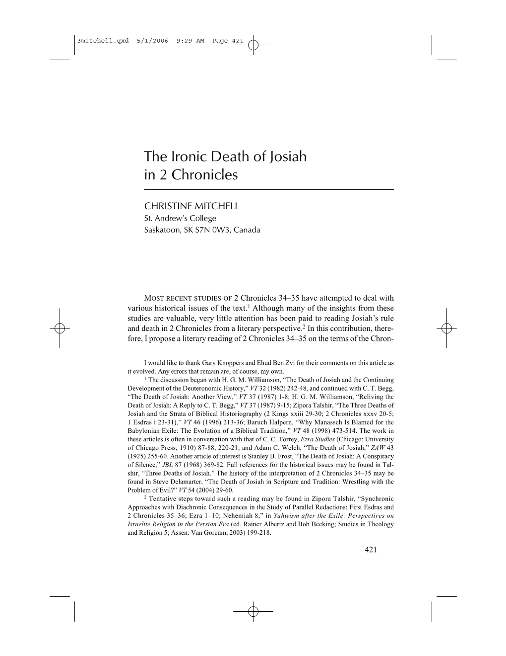 The Ironic Death of Josiah in 2 Chronicles