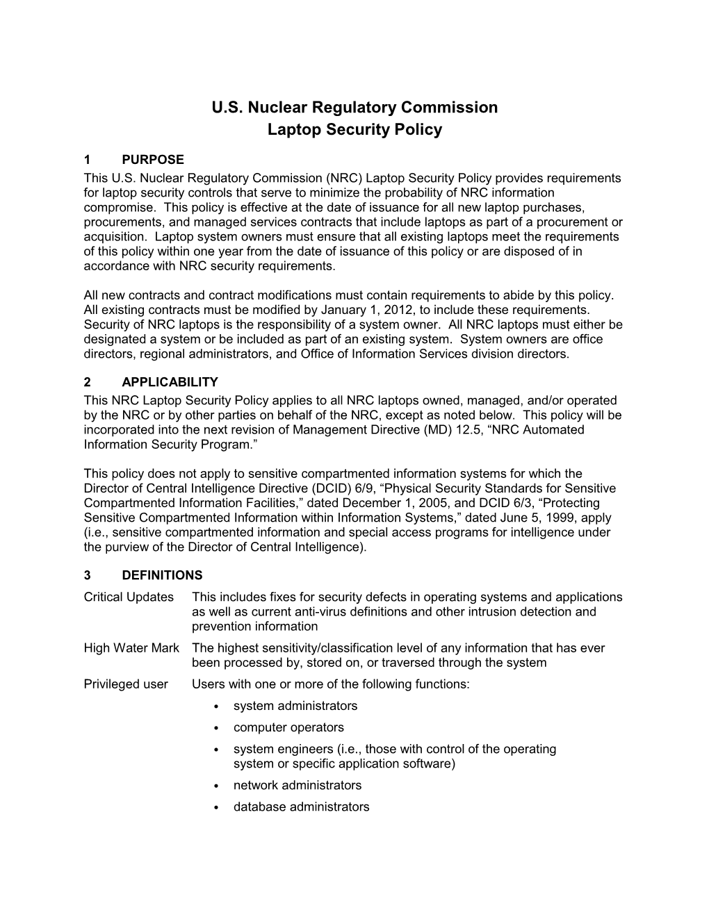 U.S. Nuclear Regulatory Commission Laptop Security Policy