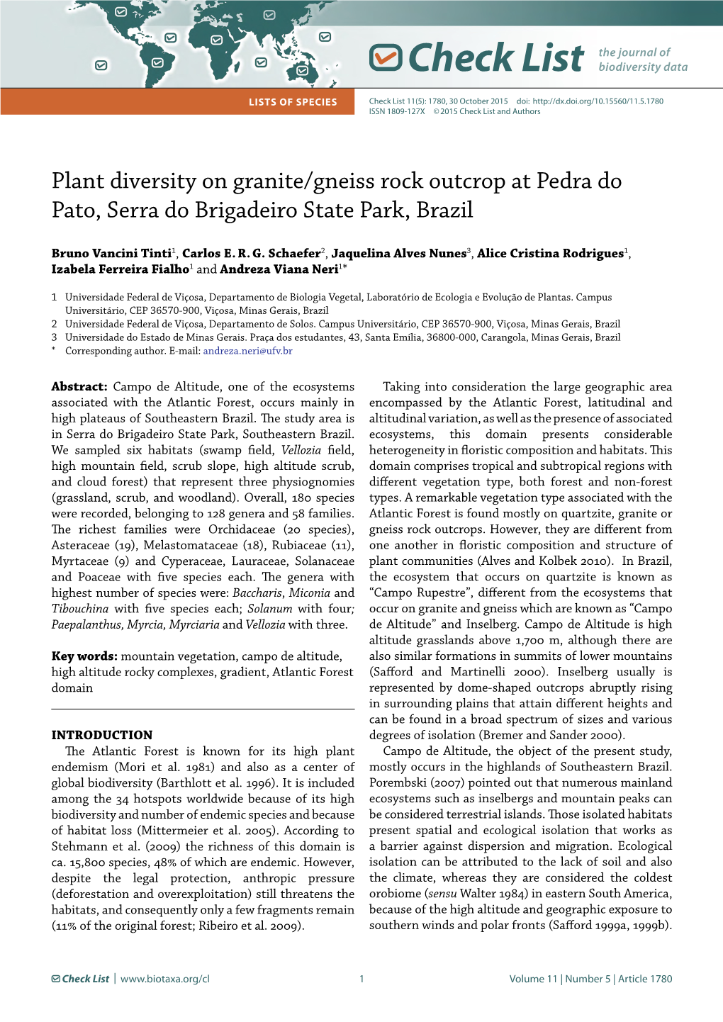 Plant Diversity on Granite/Gneiss Rock Outcrop at Pedra Do Pato, Serra Do Brigadeiro State Park, Brazil