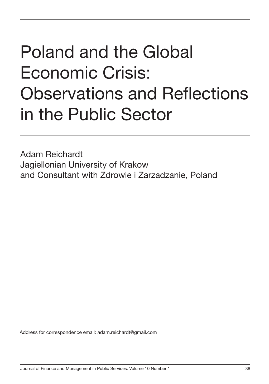 Poland and the Global Economic Crisis: Observations and Reflections in the Public Sector