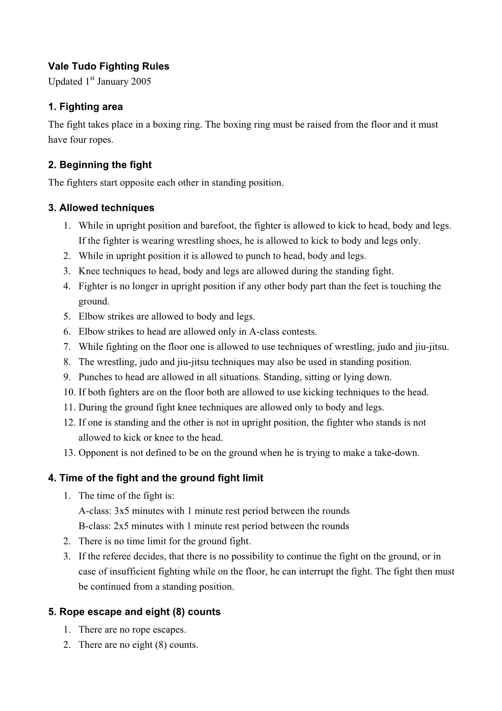 Vale Tudo Fighting Rules Updated 1St January 2005 1. Fighting Area the Fight Takes Place in a Boxing Ring. the Boxing Ring Must