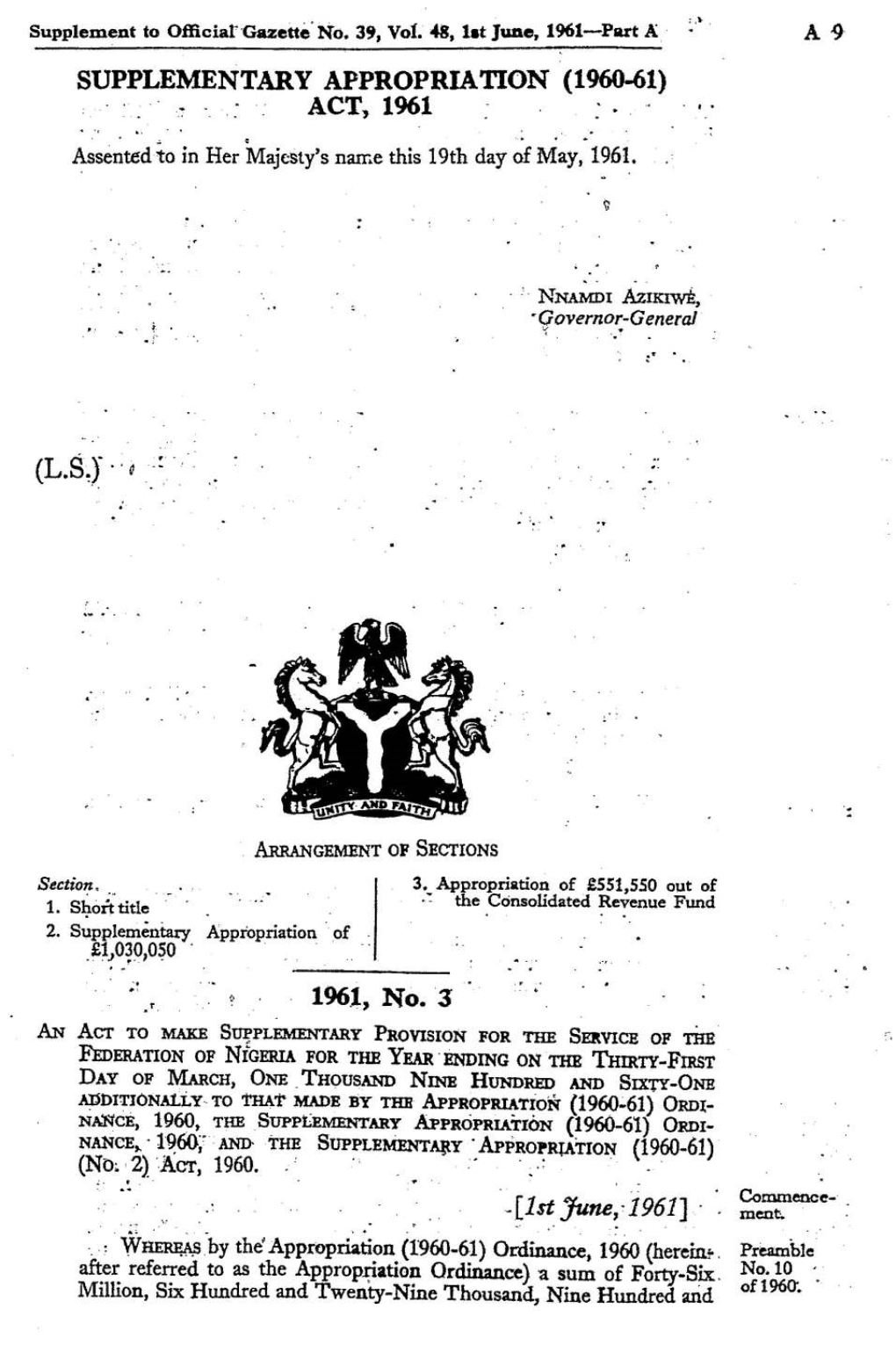 SUPPLEMENTARY APPROPRIATION (1960-61) Cee Ee ACT, 196 Te Assented to in Her Majesty’S Name This 19Th Day of May, 1961