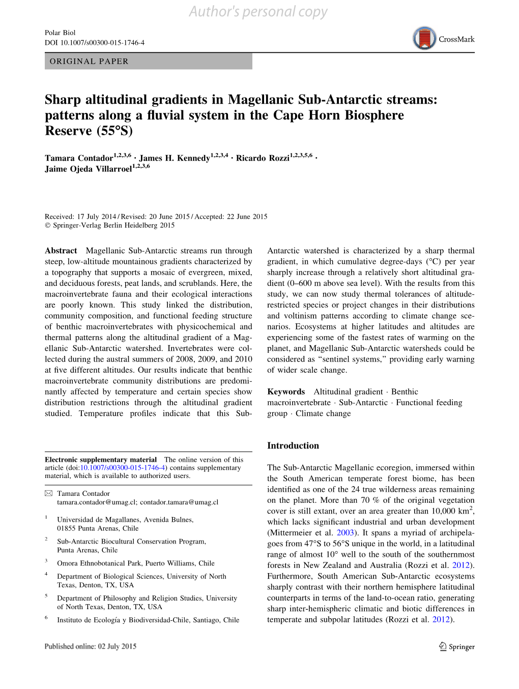 Sharp Altitudinal Gradients in Magellanic Sub-Antarctic Streams: Patterns Along a Fluvial System in the Cape Horn Biosphere Rese