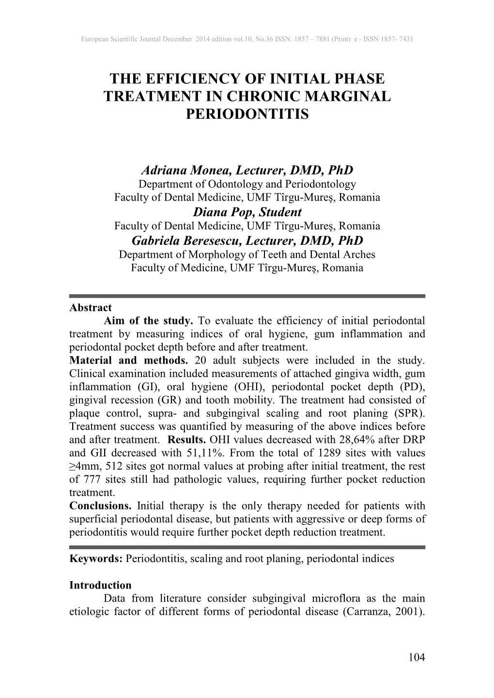 The Efficiency of Initial Phase Treatment in Chronic Marginal Periodontitis