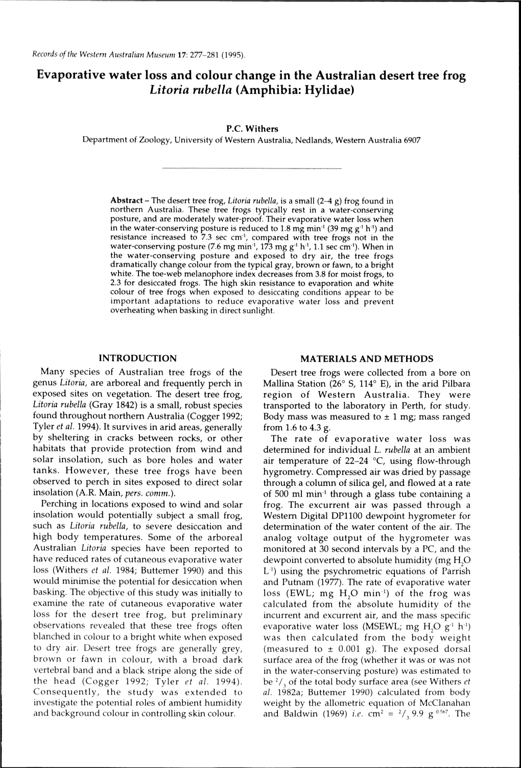 Evaporative Water Loss and Colour Change in the Australian Desert Tree Frog Litoria Rubella (Amphibia: Hylidae)