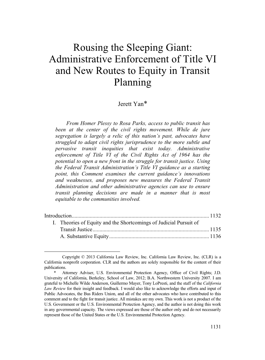 Rousing the Sleeping Giant: Administrative Enforcement of Title VI and New Routes to Equity in Transit Planning