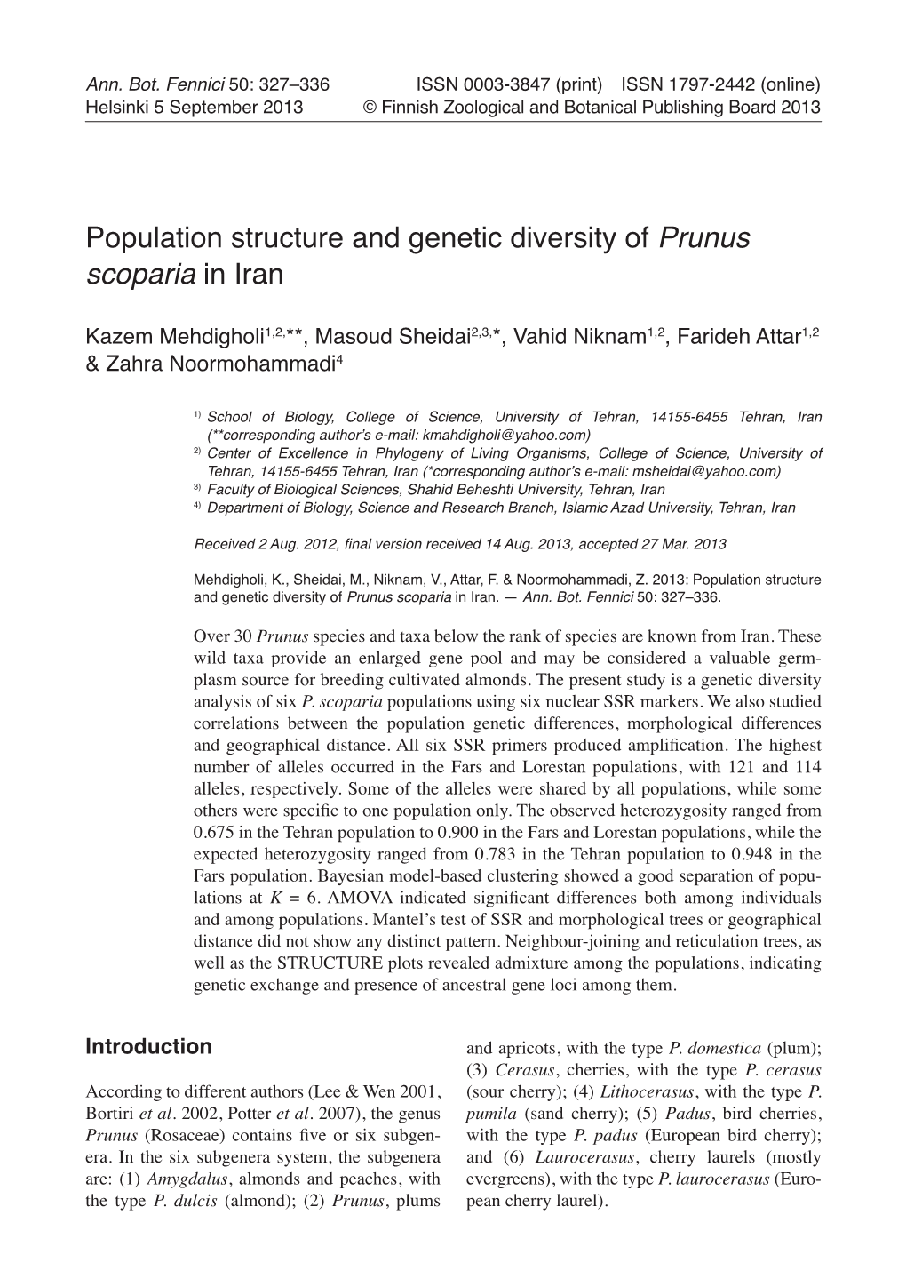 Population Structure and Genetic Diversity of Prunus Scoparia in Iran