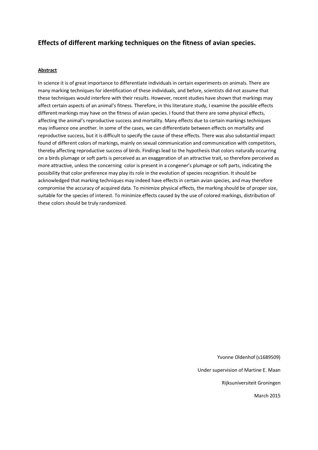 Effects of Different Marking Techniques on the Fitness of Avian Species