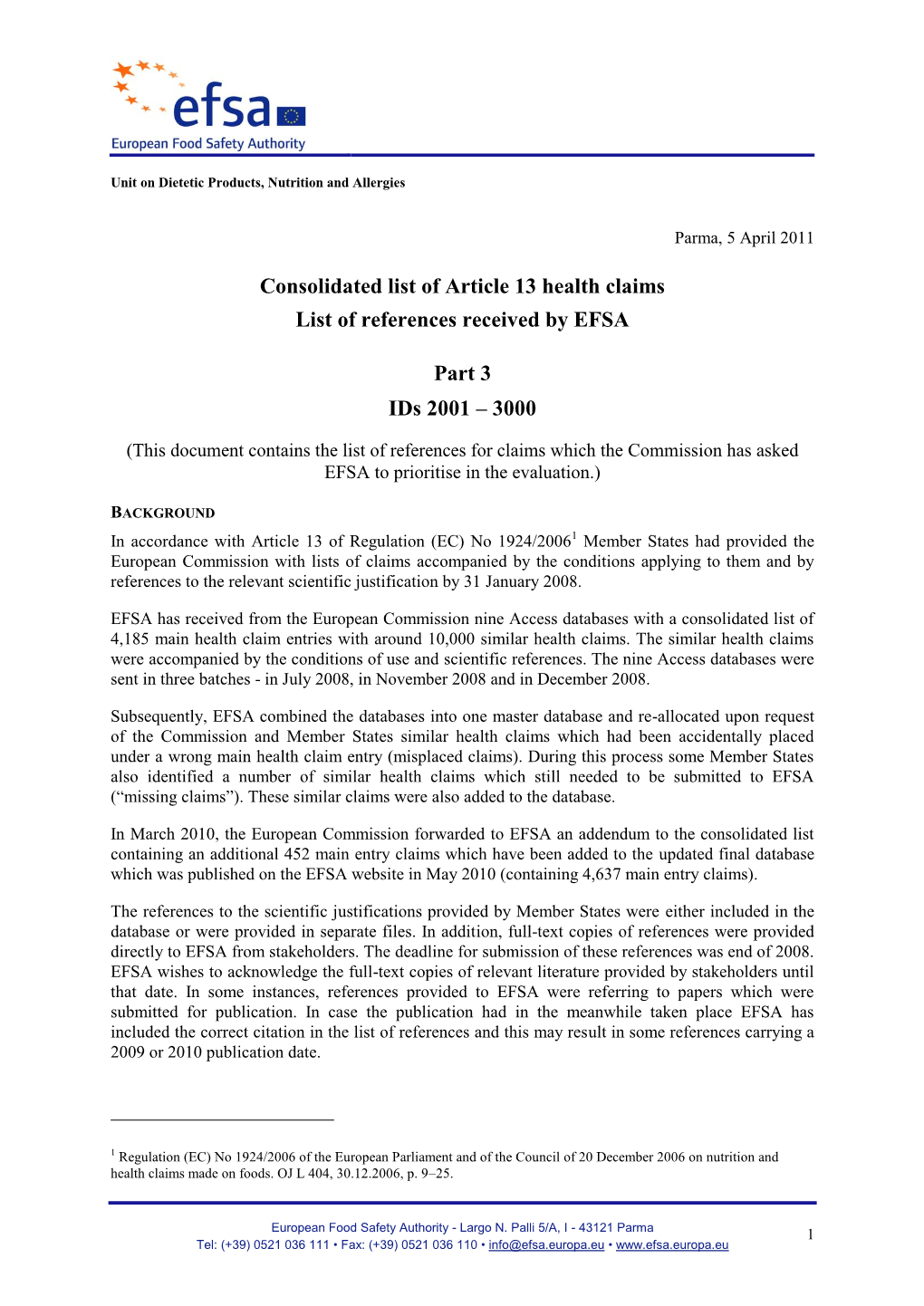 Consolidated List of Article 13 Health Claims List of References Received by EFSA