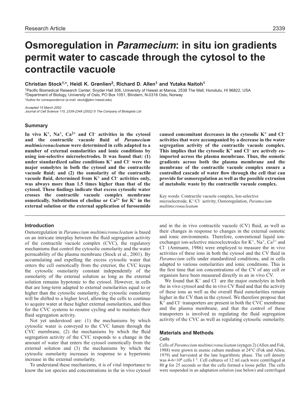 Osmoregulation in Paramecium: in Situ Ion Gradients Permit Water to Cascade Through the Cytosol to the Contractile Vacuole