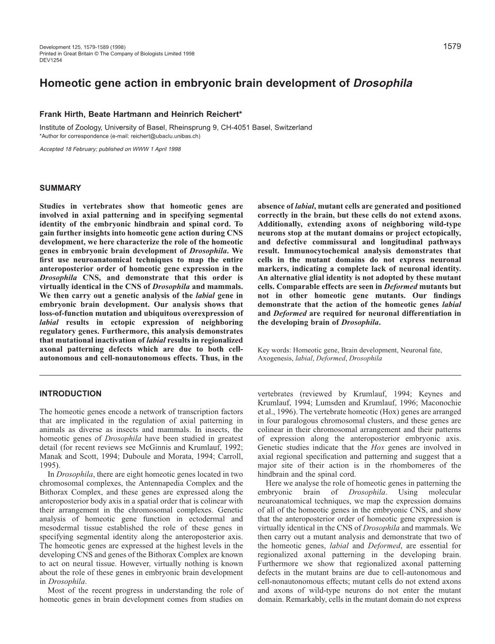 Homeotic Gene Action in Embryonic Brain Development of Drosophila