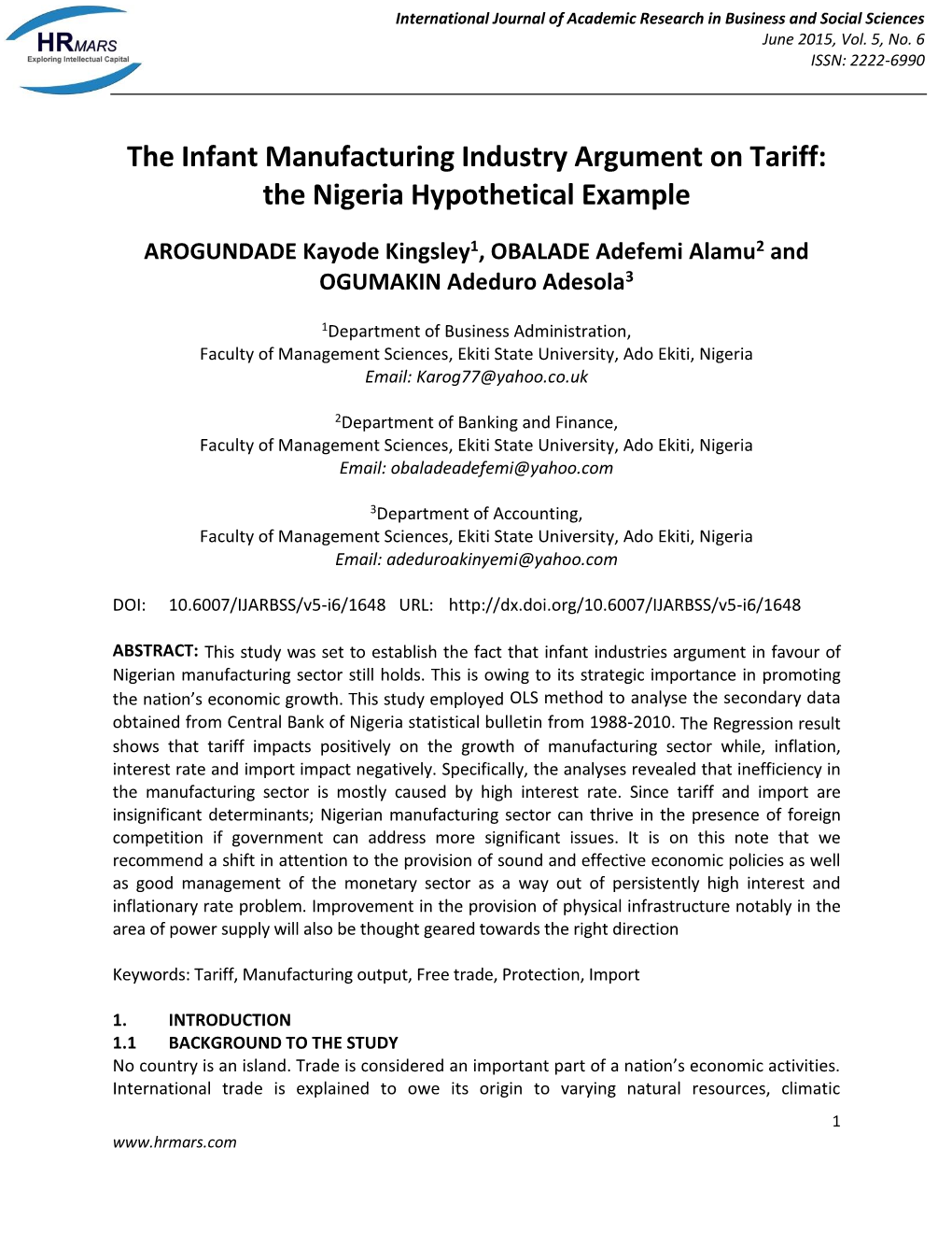 The Infant Manufacturing Industry Argument on Tariff: the Nigeria Hypothetical Example