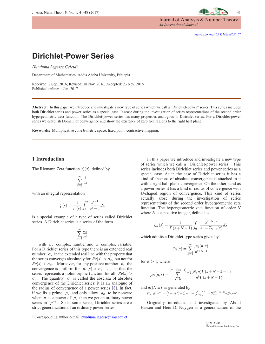 Dirichlet-Power Series -.:: Natural Sciences Publishing